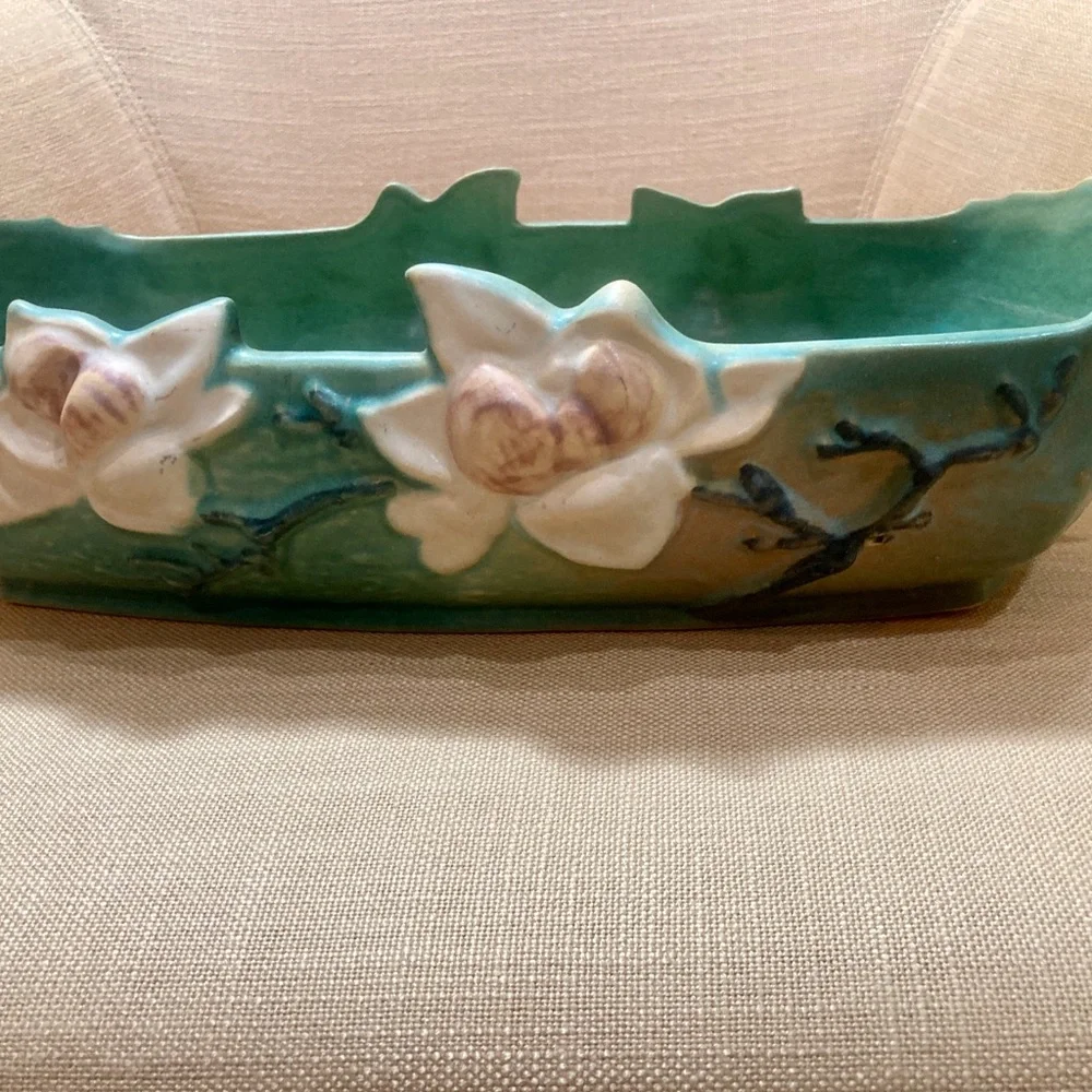 Vintage Art Console Roseville Magnolia Pottery. Handled rectangular Green/Pink. - Picture 3 of 12